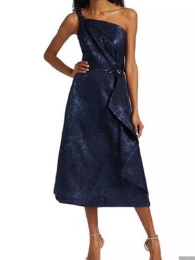 Teri Jon One-Shoulder Navy Metallic Gown